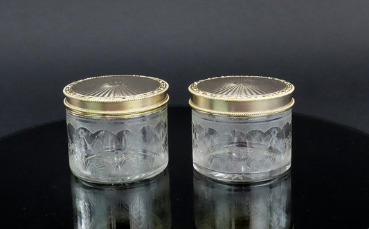 Superb Pair 1927 English Sterling Silver Gilt Cut Glass Dresser Powder Jars