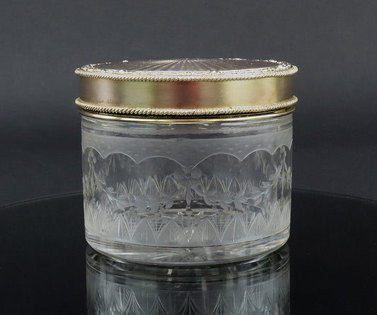 Superb Pair 1927 English Sterling Silver Gilt Cut Glass Dresser Powder Jars