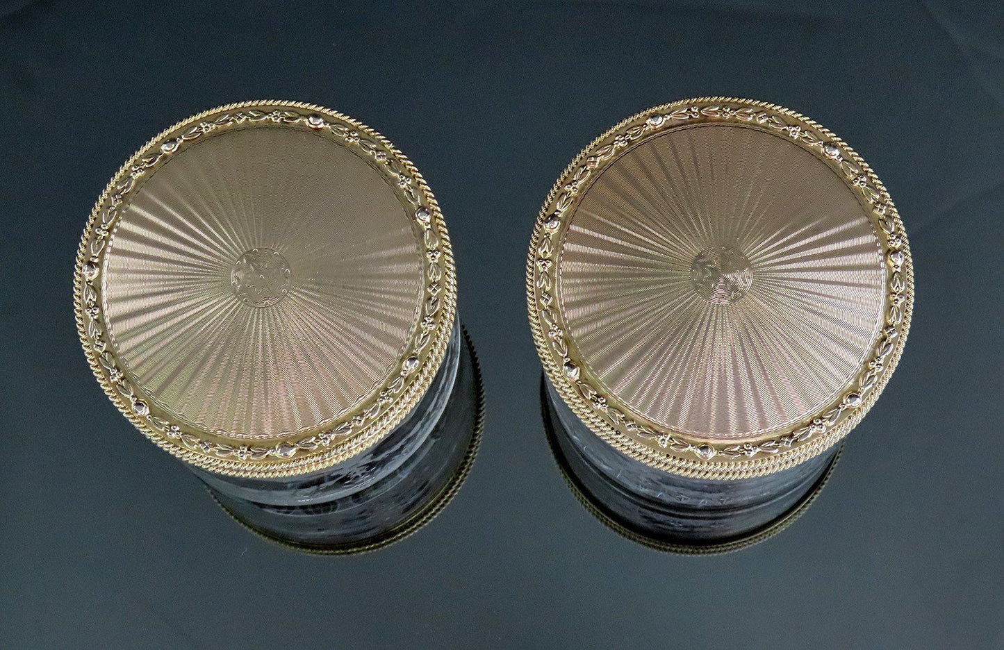 Superb Pair 1927 English Sterling Silver Gilt Cut Glass Dresser Powder Jars