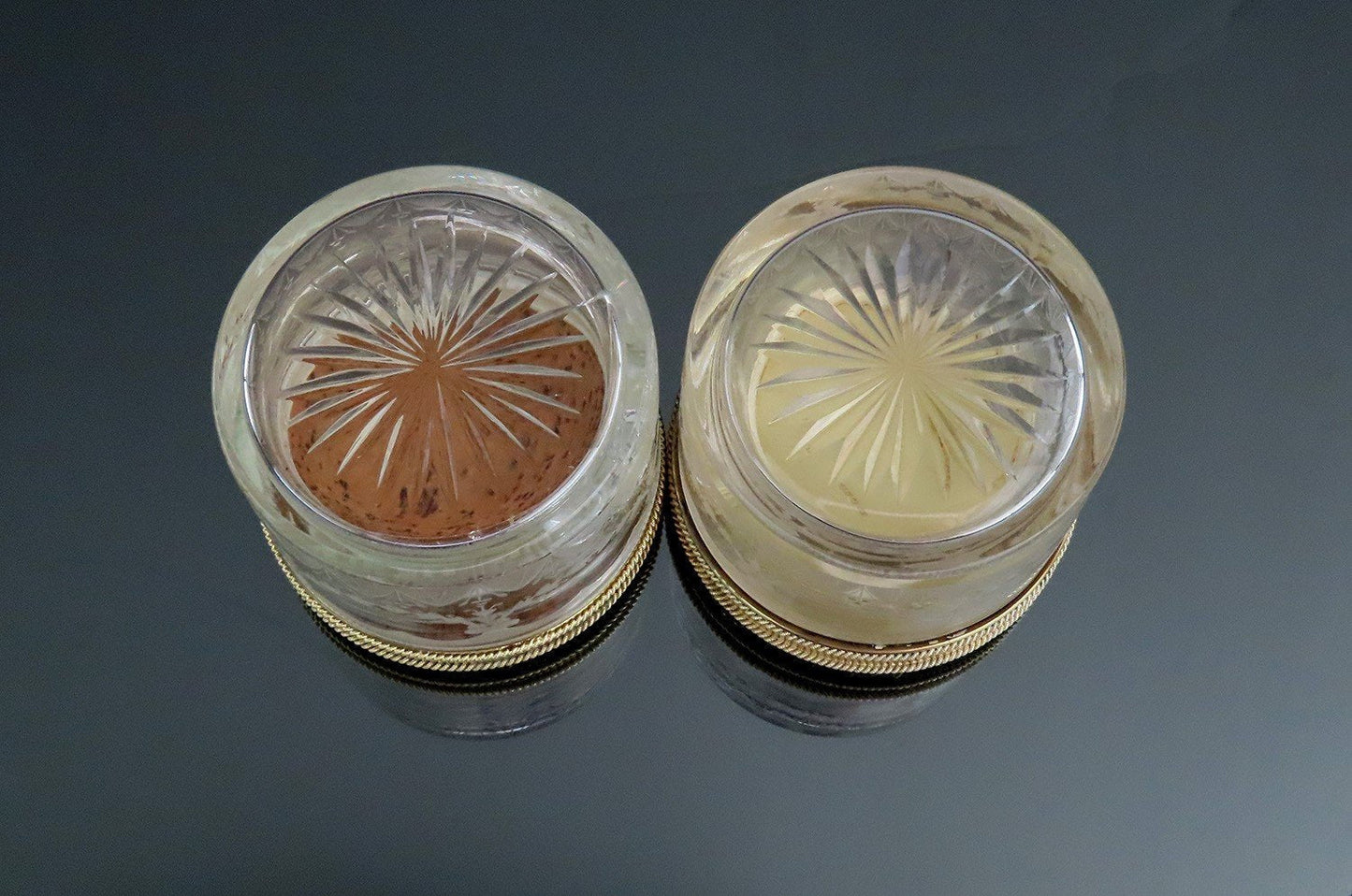Superb Pair 1927 English Sterling Silver Gilt Cut Glass Dresser Powder Jars