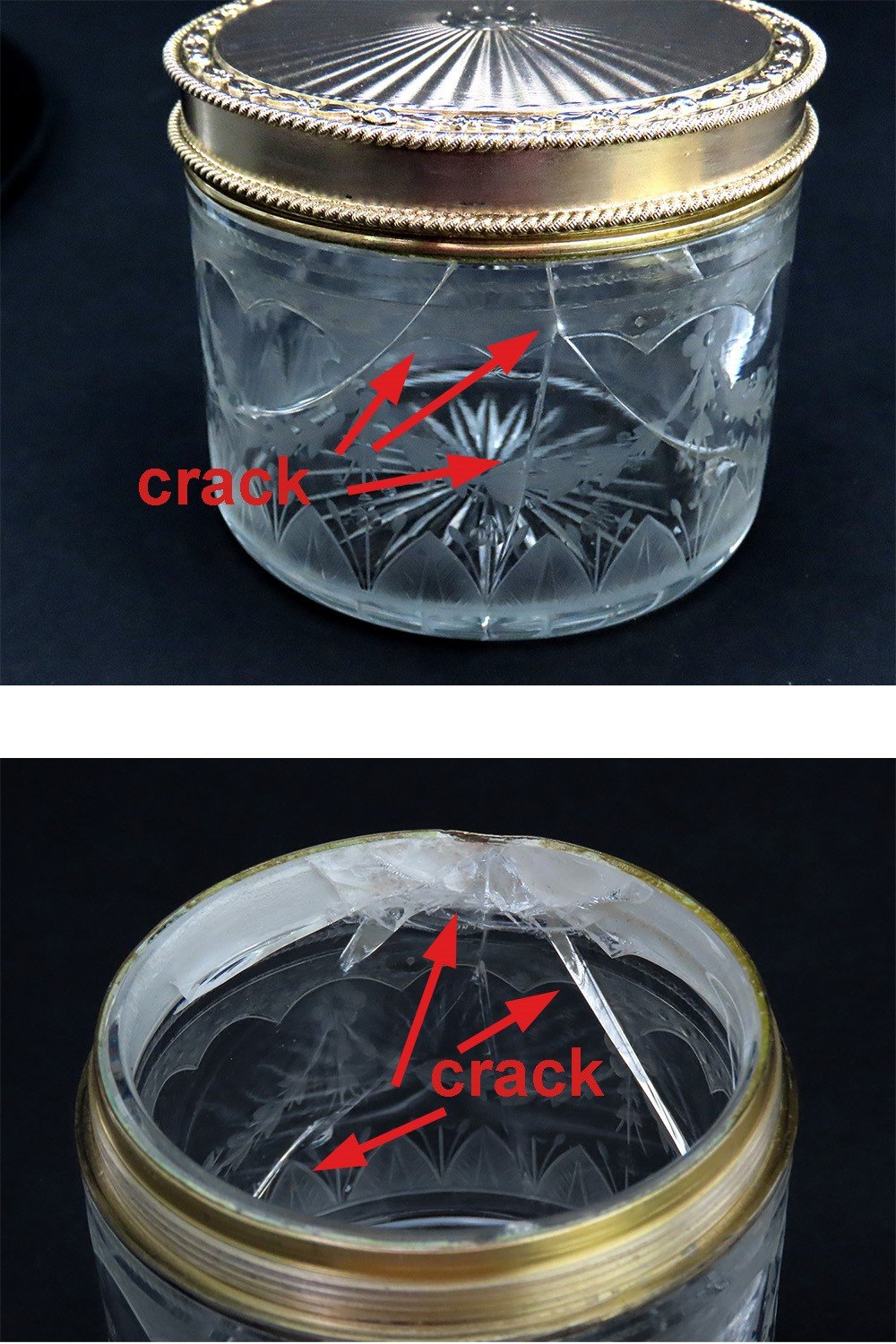 Superb Pair 1927 English Sterling Silver Gilt Cut Glass Dresser Powder Jars