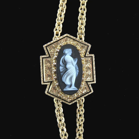 Victorian 10k Yellow Gold Cameo of a Young Woman Slider Watch Chain Necklace