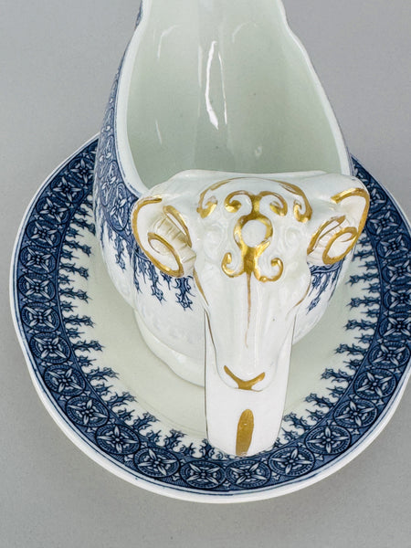 Antique Royal Worcester Gravy Boat and Under Plate w Ram's Heads 1890