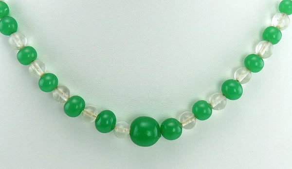 Striking Vintage Art Deco Peking Glass Green & Clear Graduated Beaded Necklace