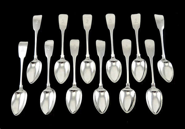 12 Irish Antique 1820 Sterling Silver Fiddle Teaspoons 19th Century 5 3/4"