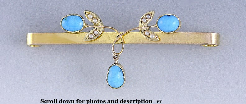 Lovely Victorian English Bar Pin Brooch 15k Gold Turquoise Seed Pearls