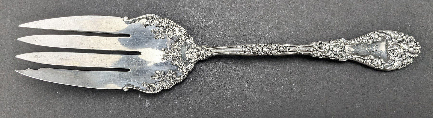 Gorgeous Durgin Marechal Niel Sterling Silver Serving Fork Roses S Mono 9 1/4"