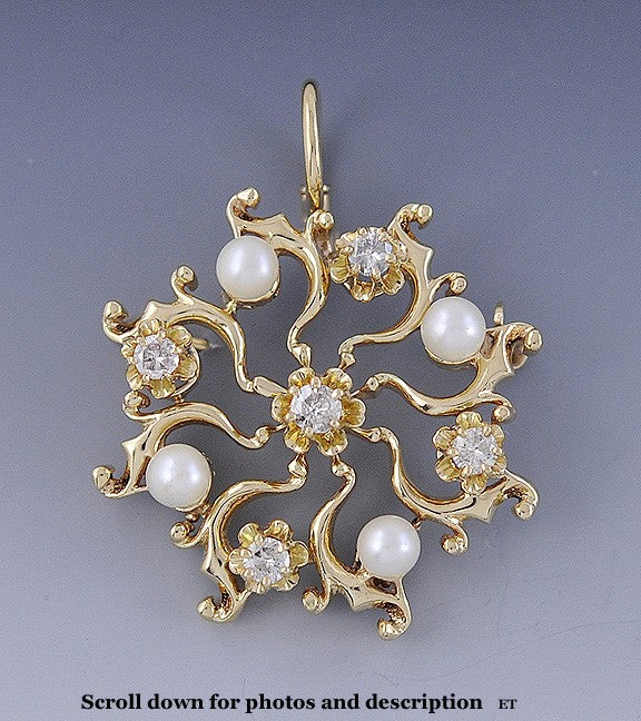 Lovely C1920s 14k Gold Diamond Pearl Brooch Pin Pendant