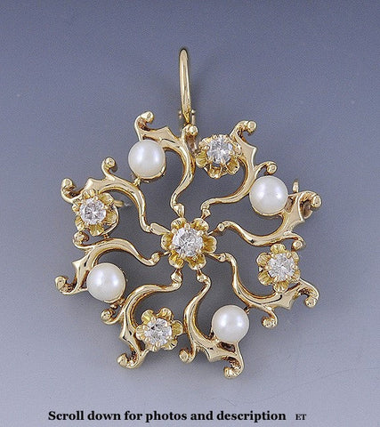 Lovely C1920s 14k Gold Diamond Pearl Brooch Pin Pendant