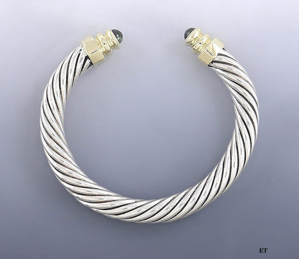 Sterling Silver 14k Gold & Green Tourmaline Cable Twist Torc Bangle Bracelet