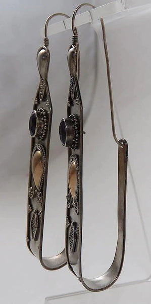 Hand Made Amethyst Gemstone Sterling Silver & 18K Gold Long French Hook Earrings