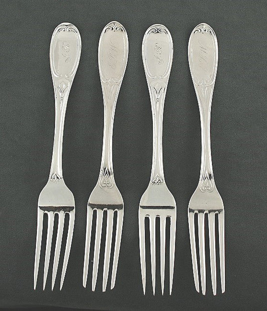 4 American Coin Silver Olive pattern Dinner Forks Mid 1800s