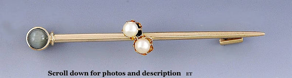Antique 14k Yellow Gold Bar Pin Pearls Blue Hawk's Eye 1870s-1880s Brooch