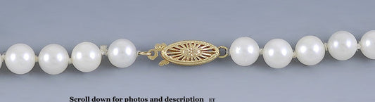 Fine Knotted Strand of Pearls Necklace w/14K Filigree Clasp