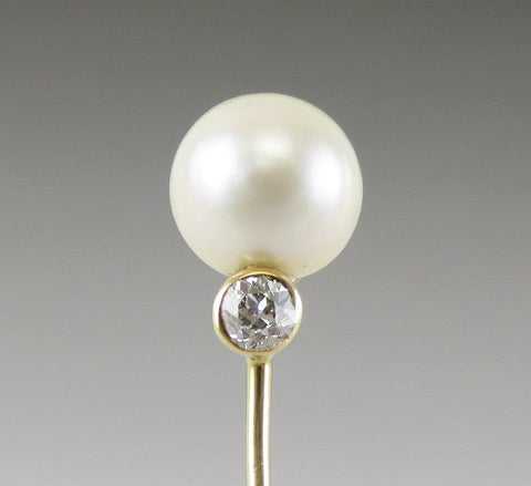 Antique c1900 14K Yellow Gold Natural Pearl Diamond Gemstone Stickpin