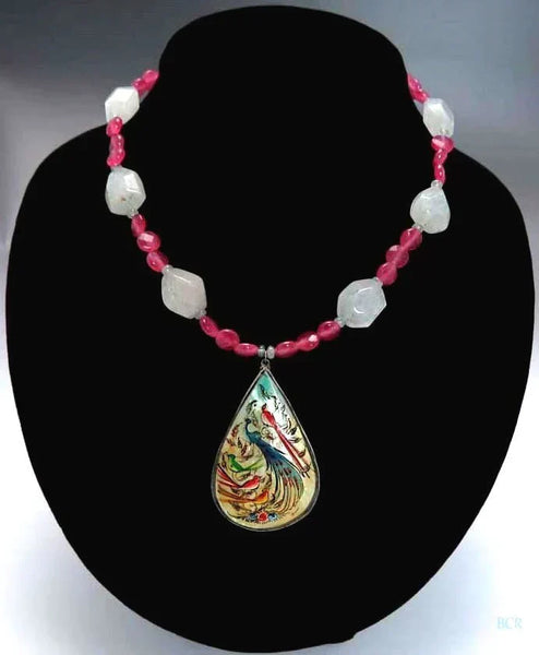 Chic Balboa Handpainted MOP Pendant Pink & White Quartz Necklace