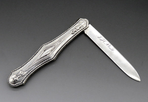 c1850s American Coin Silver Folding Pocket Fruit or Pen Knife Flower Design