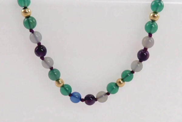 Amethyst, Chrysoprase, Chalcedony Stone & Gold Bead Necklace 14K Clasp 25 Inches