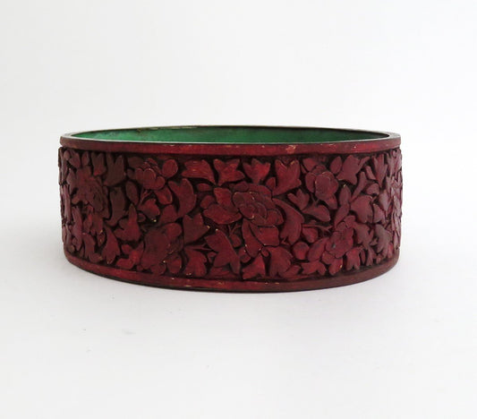 18th/19th C. Chinese Carved Cinnabar Green Enamel Round Bowl Peony Flowers