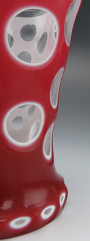 Distinctive Antique Bohemian Thousand Eyes Red White Cut to Clear Vase