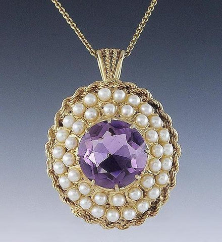 Ornate 14k Gold ~10ct Amethyst Gemstone Seed Pearl Pin Brooch or Necklace Pendant