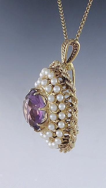 Ornate 14k Gold ~10ct Amethyst Gemstone Seed Pearl Pin Brooch or Necklace Pendant