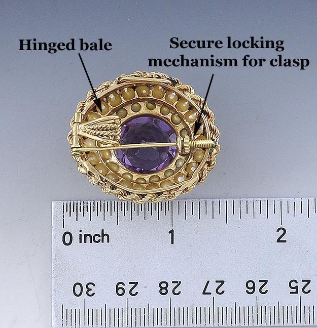 Ornate 14k Gold ~10ct Amethyst Gemstone Seed Pearl Pin Brooch or Necklace Pendant