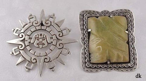 2 Sterling Mexican Pins/Brooches Pendant Green Stone