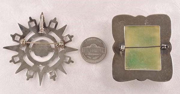2 Sterling Mexican Pins/Brooches Pendant Green Stone