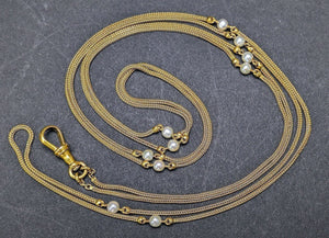 c1880s Victorian 14k Yellow Gold Foxtail Pearl Station Necklace/Fob Watch Chain