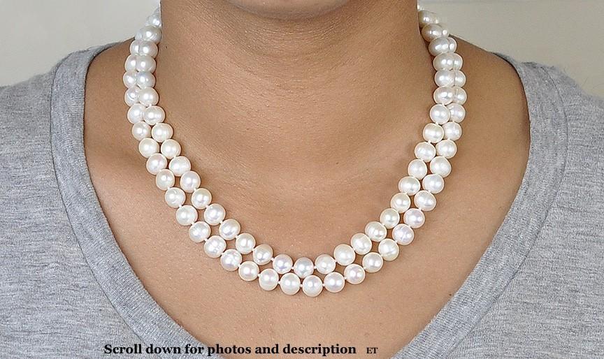 Beautiful Double Pearl Strand Necklace w/ 14K Gold Clasp