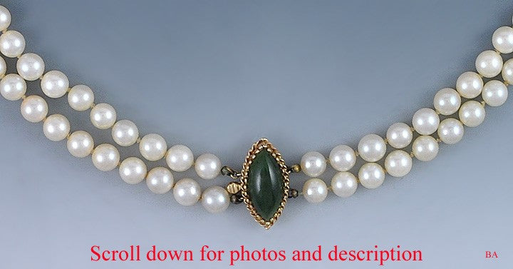 Pretty Double Strand of Pearls with 14K Gold & Jade Clasp