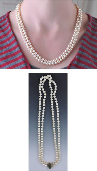 Pretty Double Strand of Pearls with 14K Gold & Jade Clasp