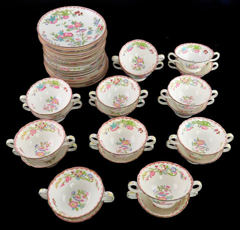 15 Antique English Porcelain Minton Bird Flower Pattern Bouillon Cups & Saucers