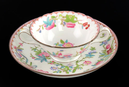 15 Antique English Porcelain Minton Bird Flower Pattern Bouillon Cups & Saucers