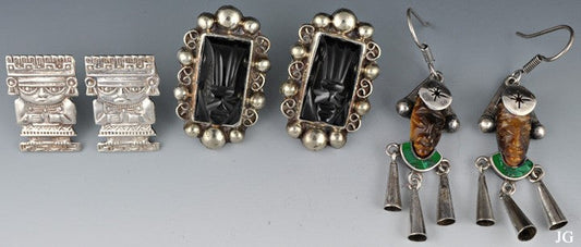 3 Pairs Vintage Aztec Mexican Sterling Silver Tiger's Eye Onyx Stone Earrings