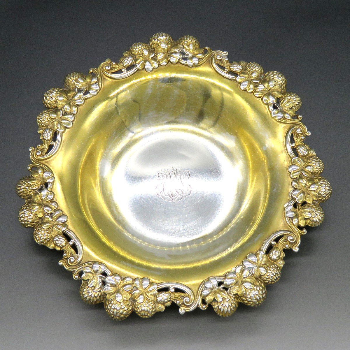 Antique c1895 Tiffany Co Clover Gold Wash Sterling Silver Bowl Dish 6 1/2"