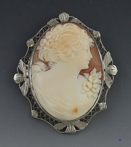 Pretty American Victorian 14k White Gold Cameo of a Young Woman Pin Pendant