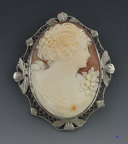 Pretty American Victorian 14k White Gold Cameo of a Young Woman Pin Pendant