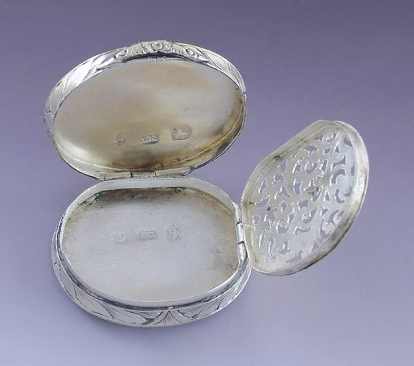 1858 Great Antique English Victorian Sterling Silver Oval Vinaigrette Scent Box