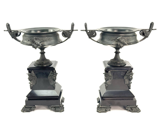 Ornate 1870s Pair French Bronze Grecian Kantharos Style Urns w Black Stone Bases