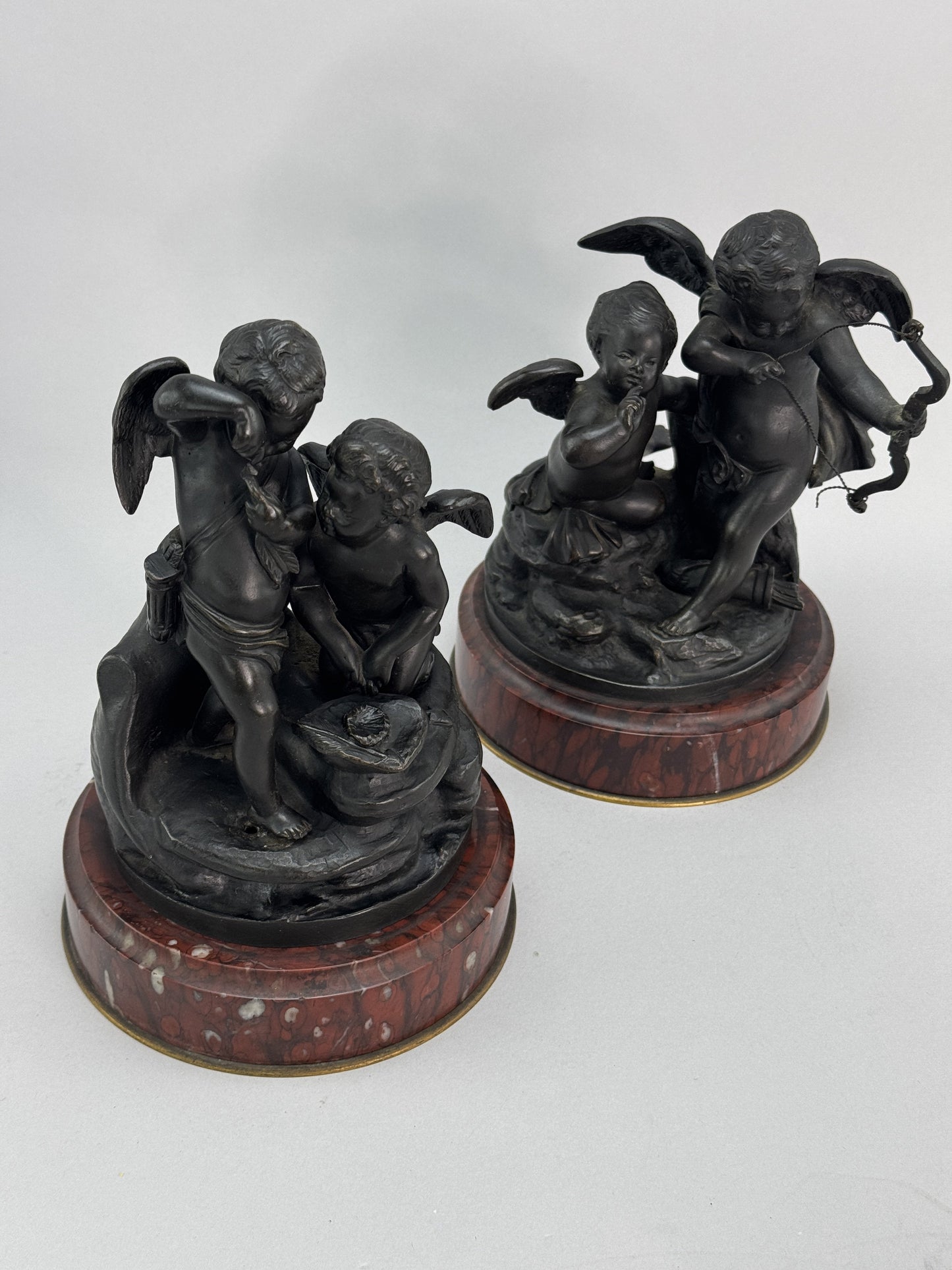 Superb Pair c1860s French Sevres Bronze Putti Cherub Statues w Red Marble Bases