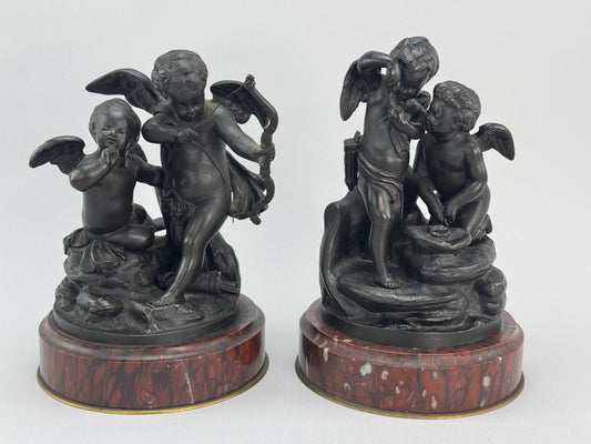 Superb Pair c1860s French Sevres Bronze Putti Cherub Statues w Red Marble Bases