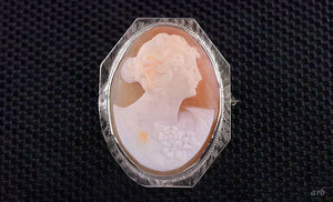 Endearing Antique 14k White Gold and Carved Shell Lovely Lady Cameo Pin