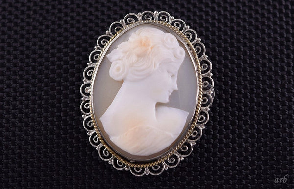 Nice Antique Silver and Carved Shell Cameo Filigree Pin of Woman