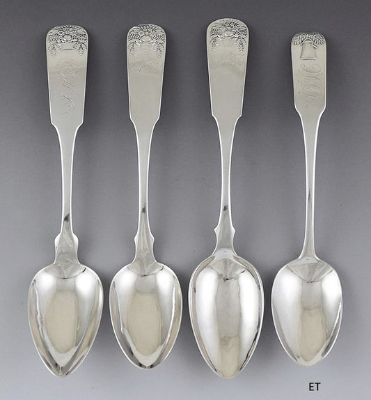 c1830s Great set 4 American Coin Silver Basket of Flower / Sheaf of Wheat Spoons