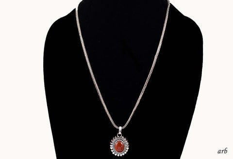 Modern Necklace Sterling Silver Red Carnelian Stone Pendant and Silver Chain