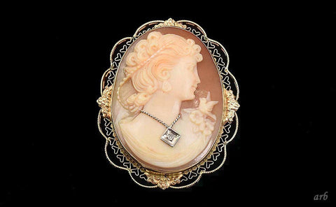 Fancy Vintage 14k Yellow Gold Carved Shell Cameo Pin w/ Diamond