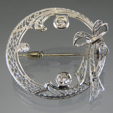 Antique American 14K White Gold & Diamond Circle Pin Brooch