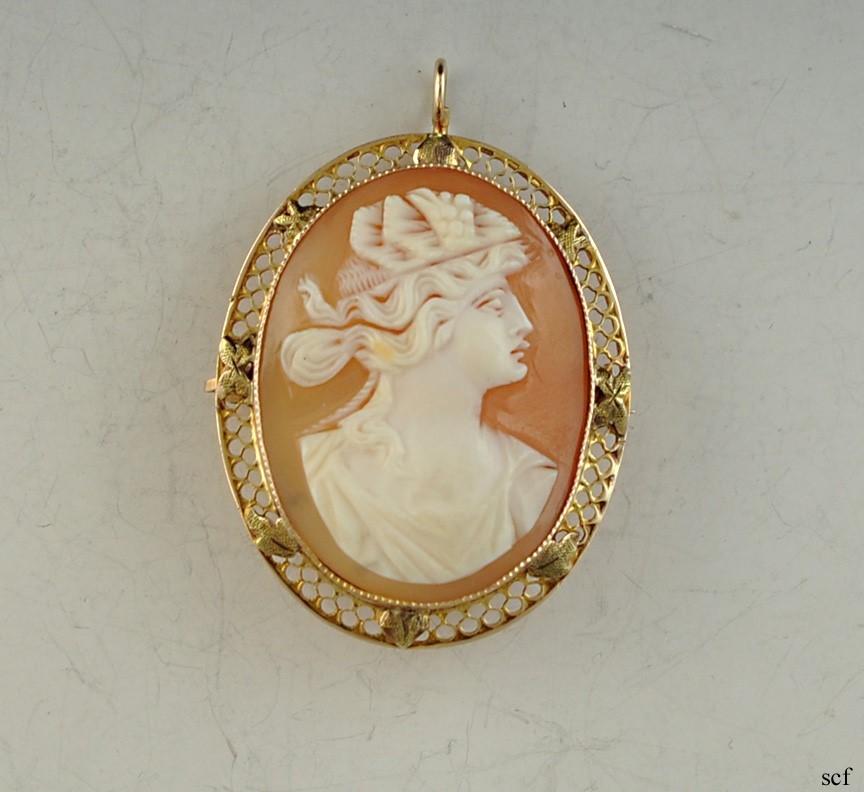 Antique 10K Yellow Gold Filigree Carved Cameo Pin Brooch Pendant